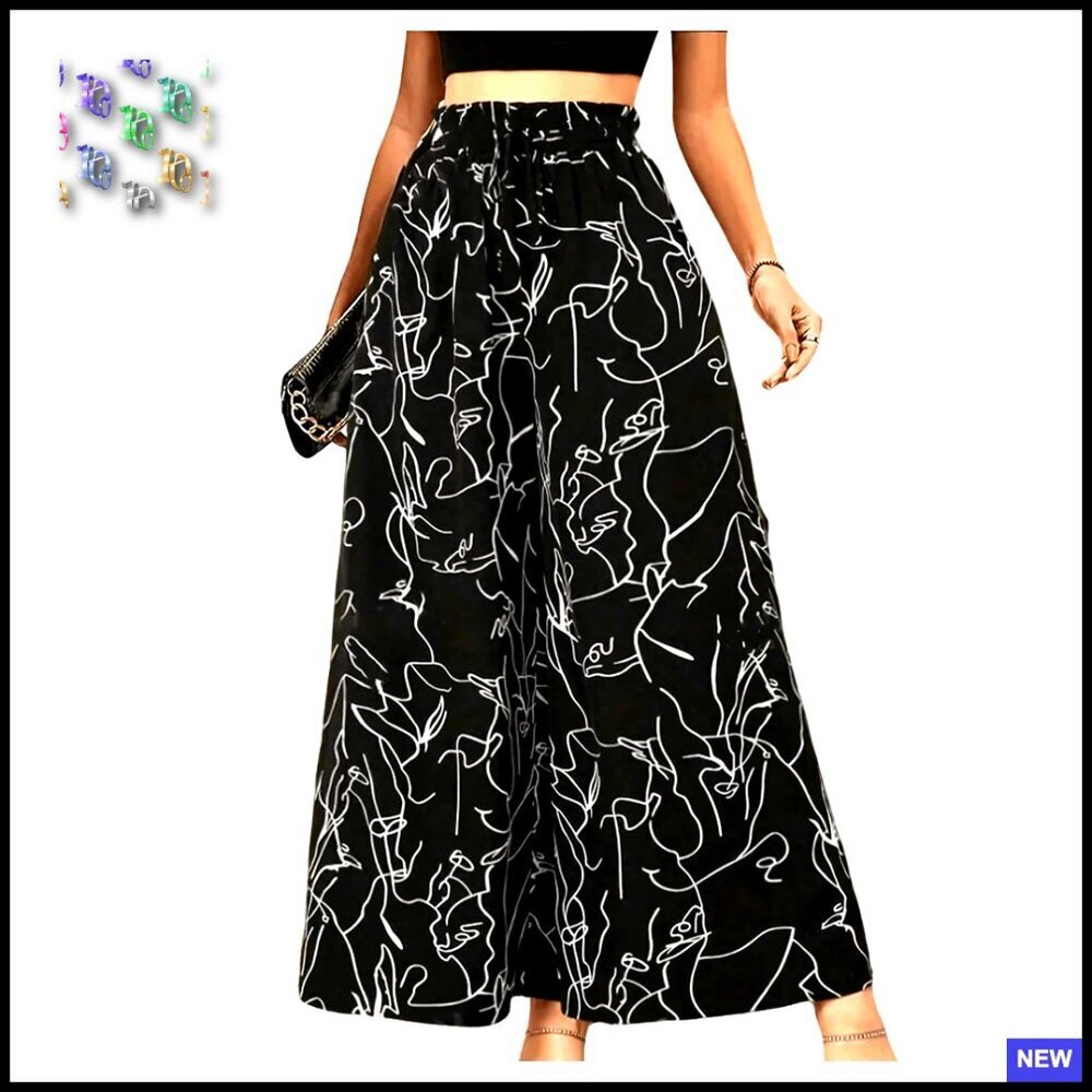 Wide Leg Palazzo Lounge Pants Graphic Flowy Elastic Waist Casual Boho Trousers